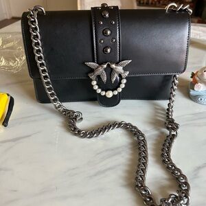 pinko Black Leather Bag with Silver Chain